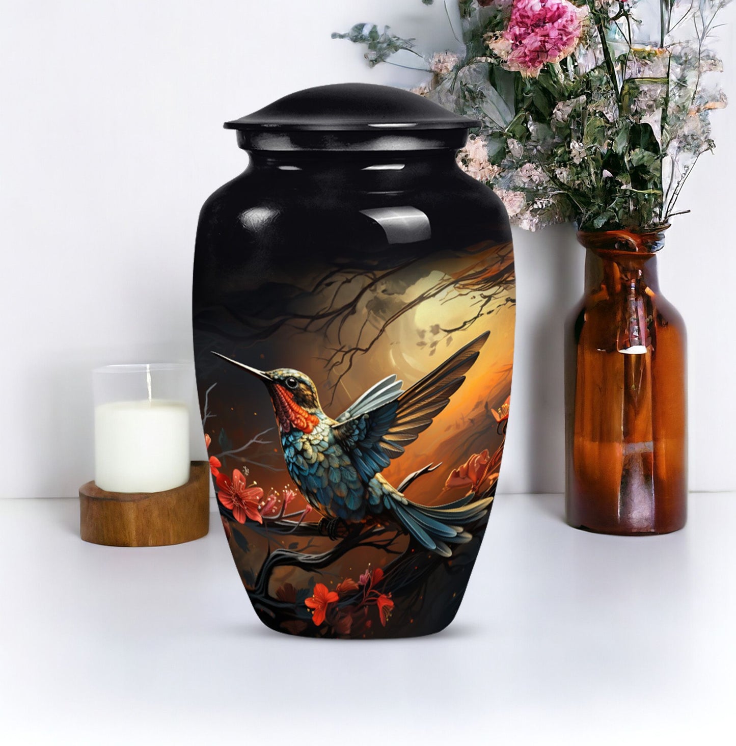 10-inch humming bird urn, abstract design, customizable 