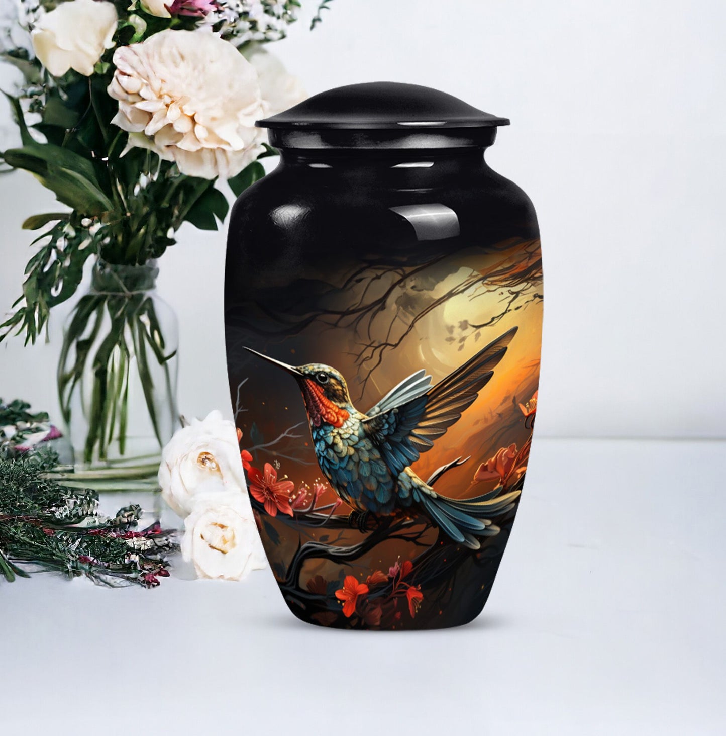 10-inch humming bird urn, abstract design, customizable 
