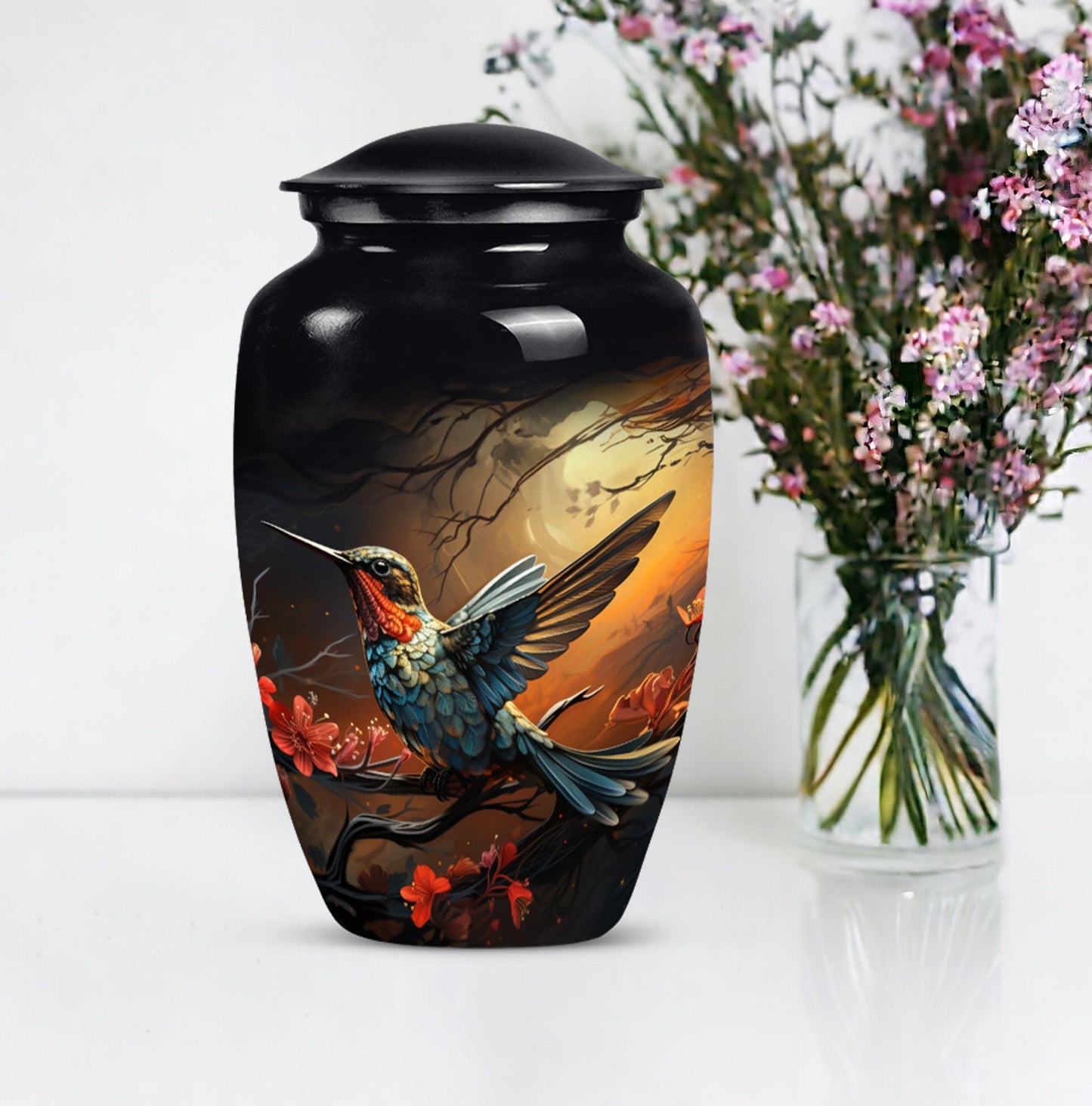 10-inch humming bird urn, abstract design, customizable 