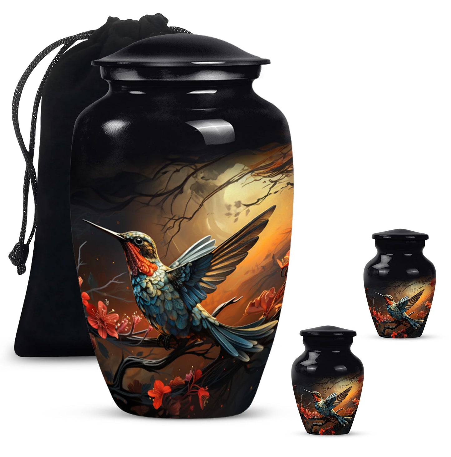 10-inch humming bird urn, abstract design, customizable 