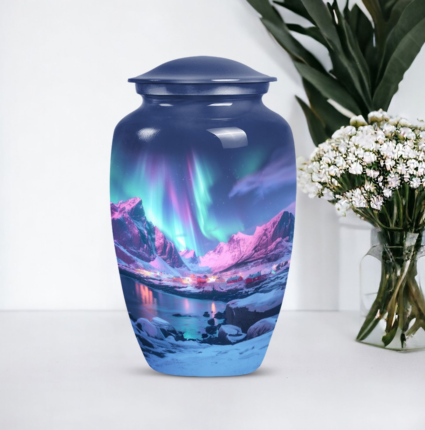 Aurora Borealis Urn, classic aluminium design.