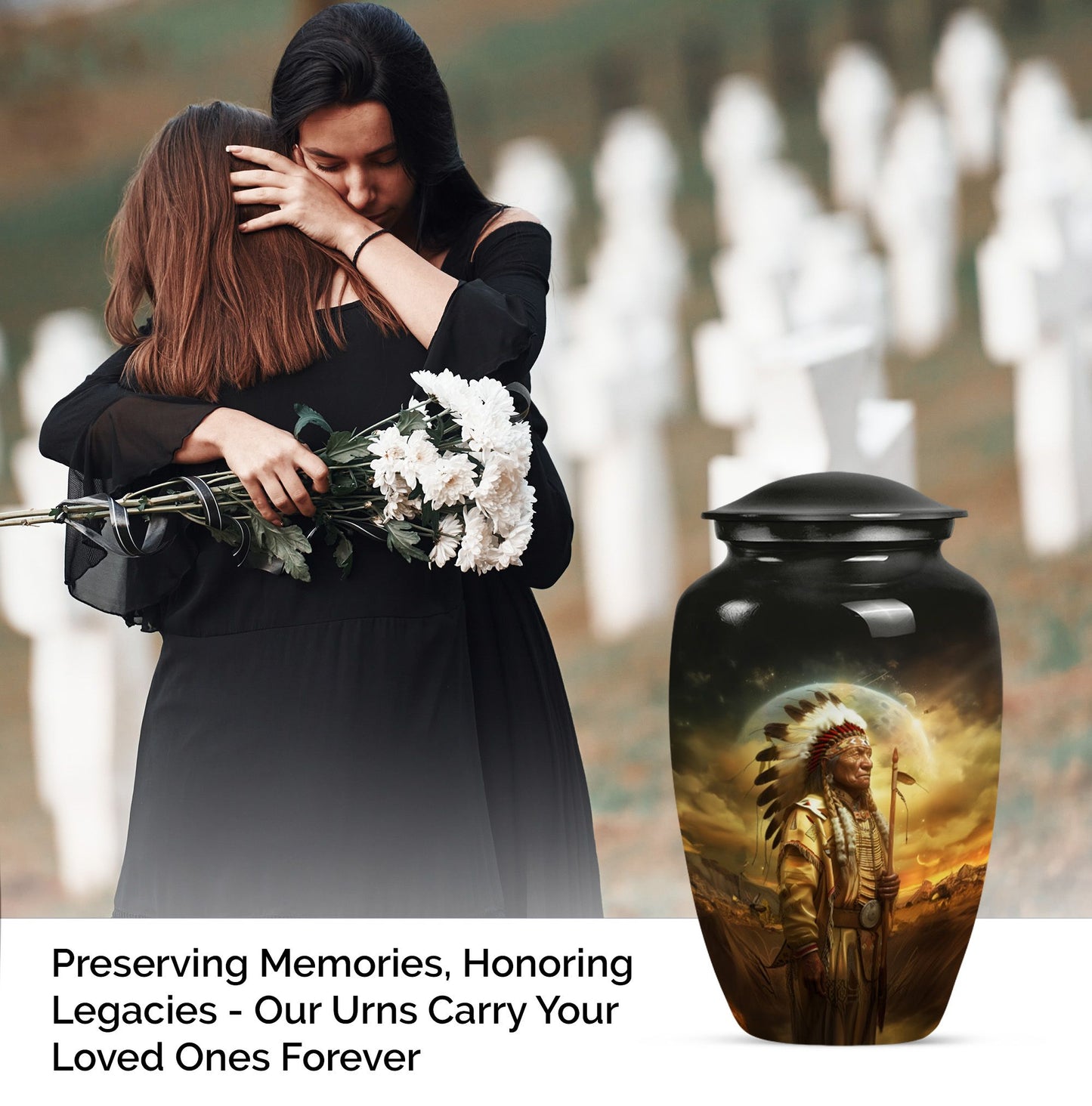 Classic 10 inch Native American urn for adult male cremation