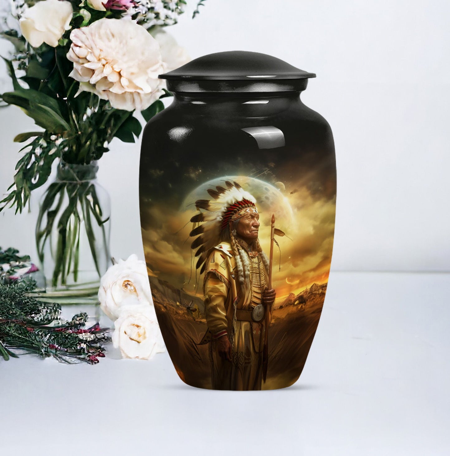Classic 10 inch Native American urn for adult male cremation