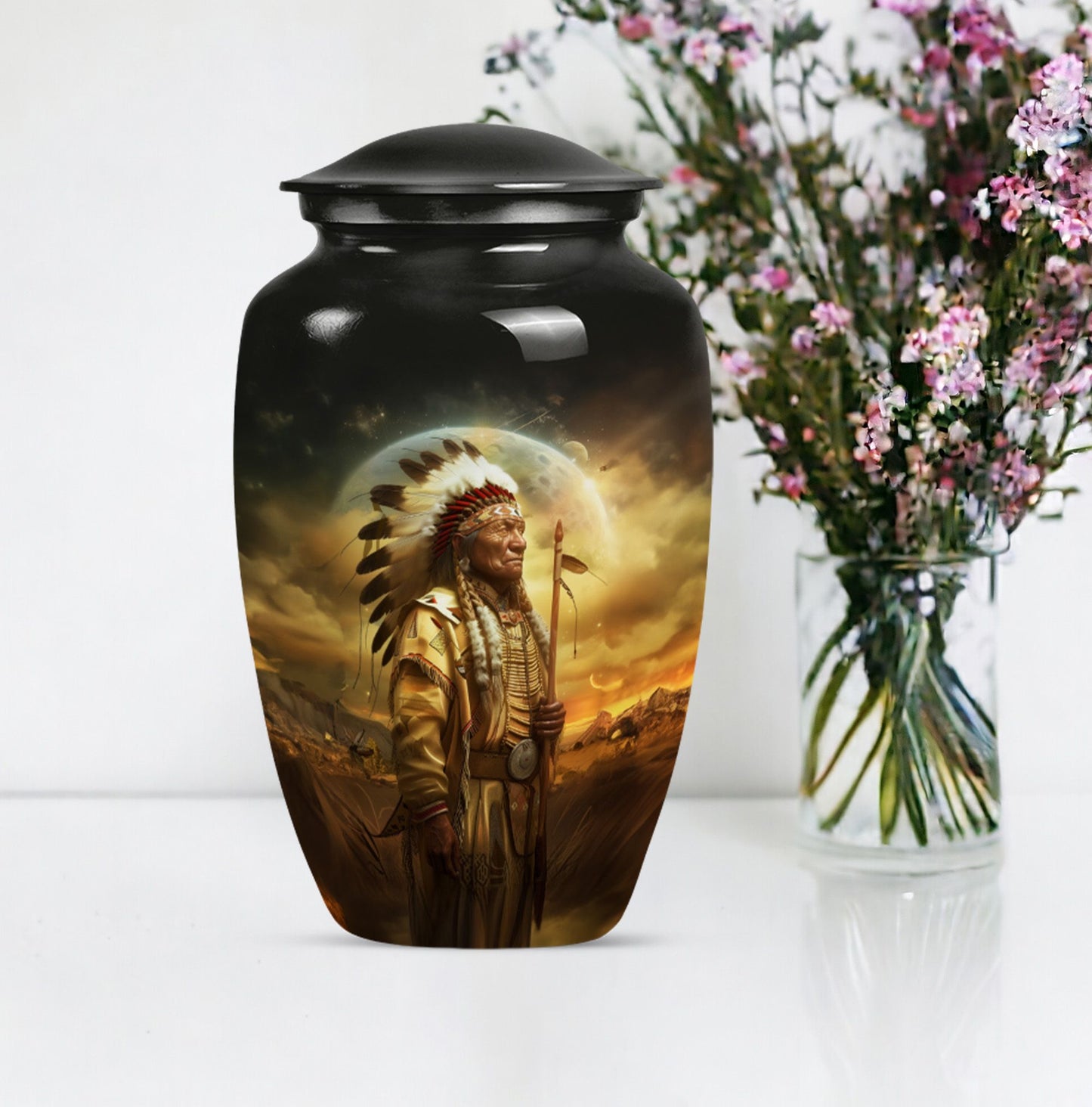 Classic 10 inch Native American urn for adult male cremation
