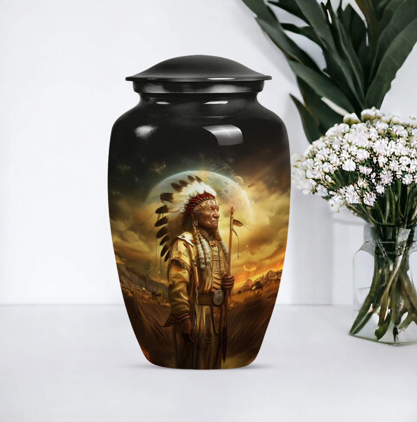 Classic 10 inch Native American urn for adult male cremation