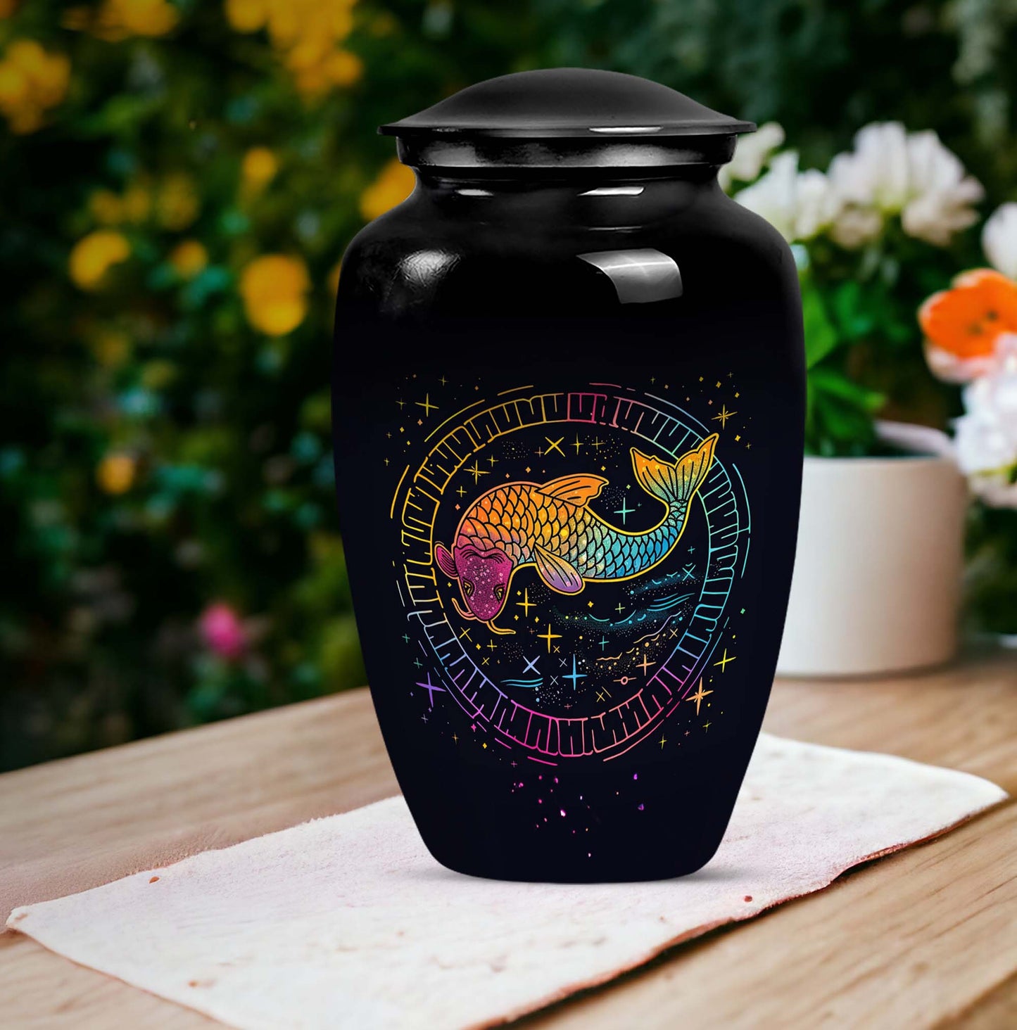Abstract-themed large classic fish urn, aluminium cremation 