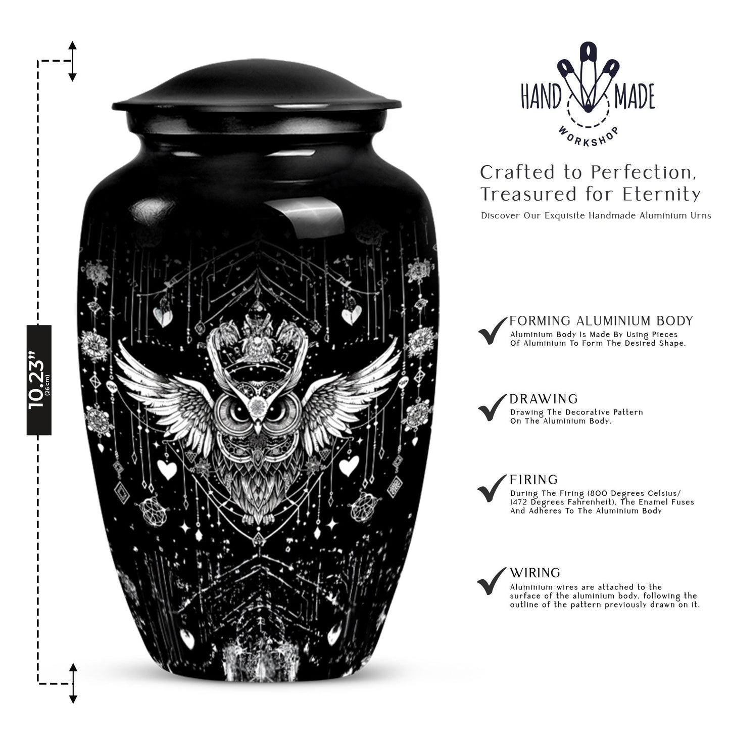 Classic 10-inch owl urn for cremation, aluminum-made 