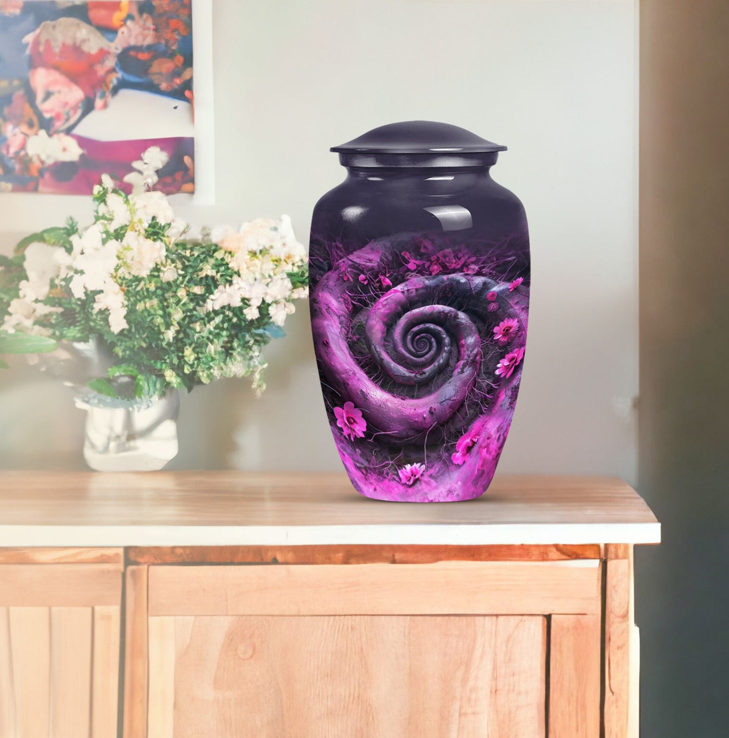 classic spiral Aluminium cremation urn for human ashes.