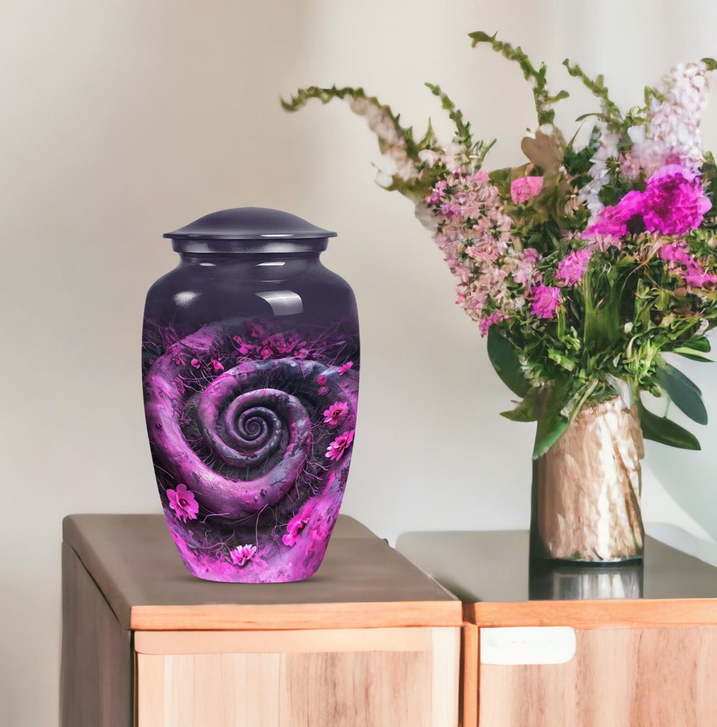 classic spiral Aluminium cremation urn for human ashes.