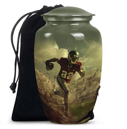 10-inch classic football urn for adult ashes, customizable and accompanied by velvet pouch