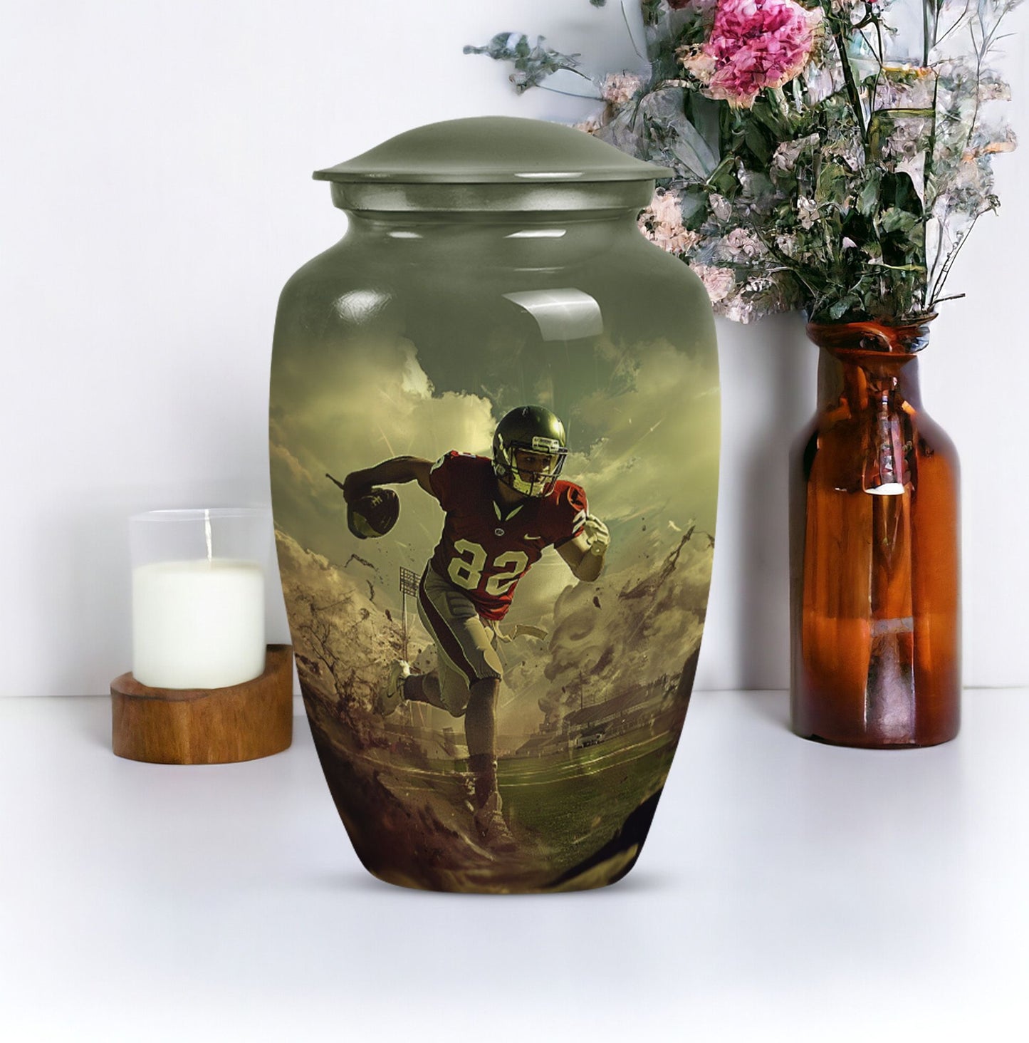 10-inch classic football urn for adult ashes, customizable and accompanied by velvet pouch