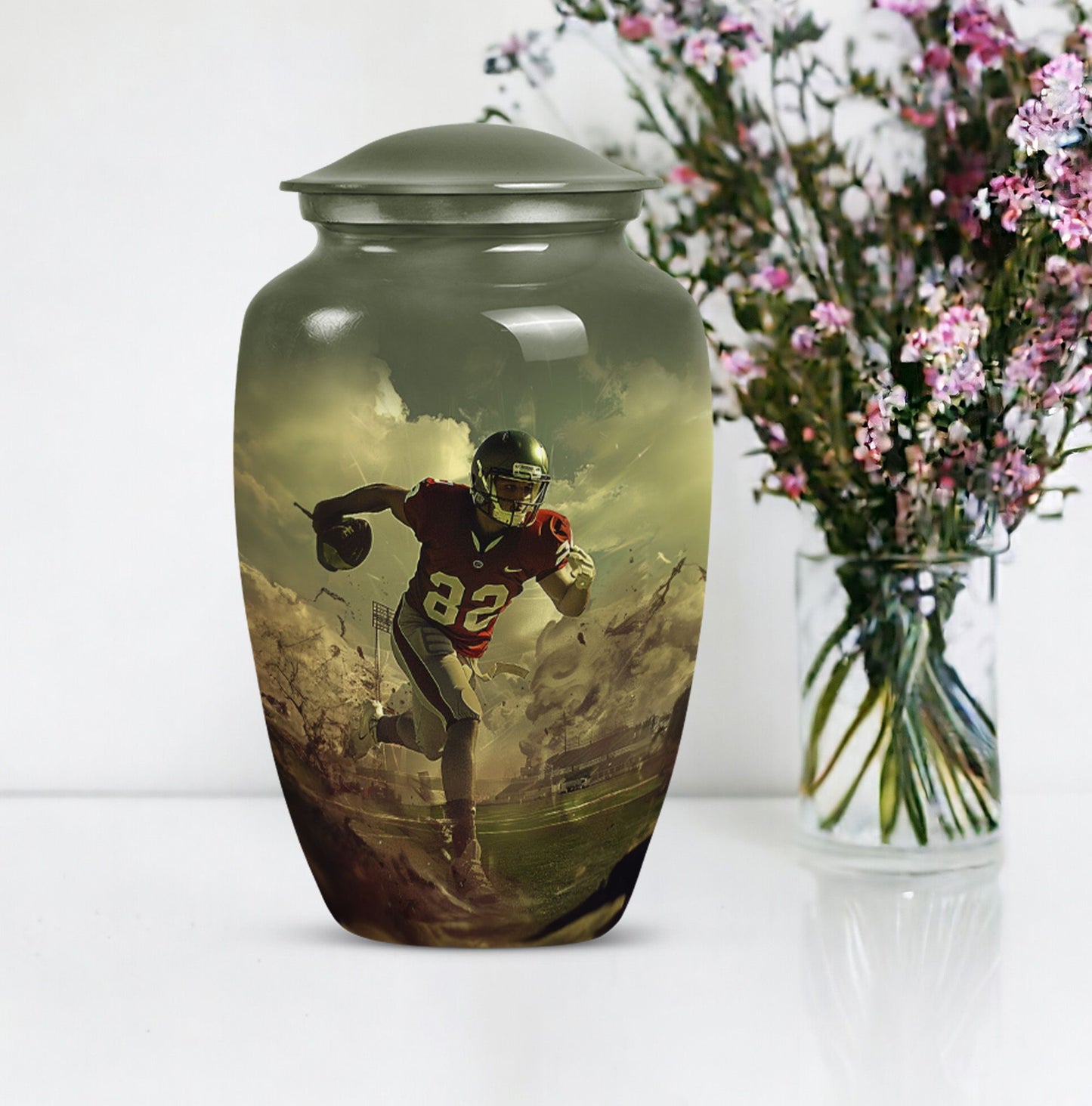 10-inch classic football urn for adult ashes, customizable and accompanied by velvet pouch