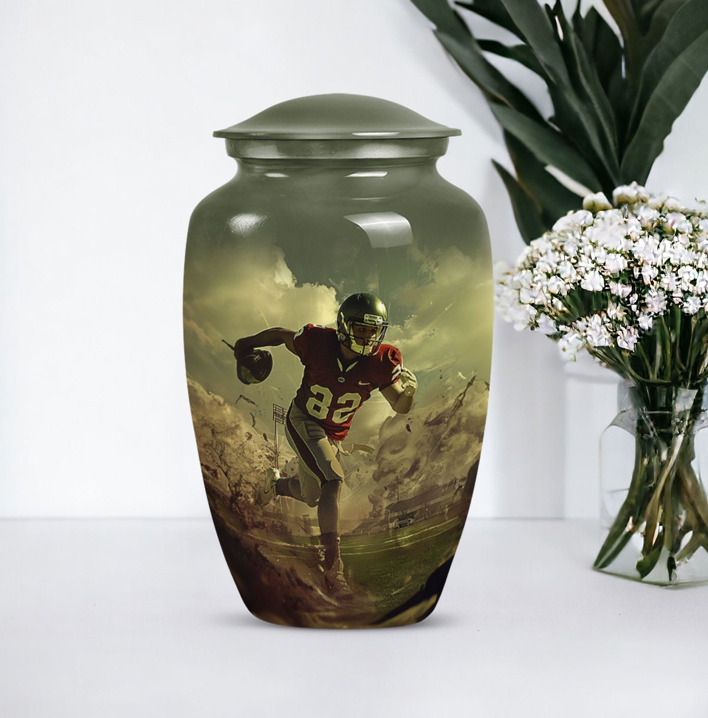 10-inch classic football urn for adult ashes, customizable and accompanied by velvet pouch