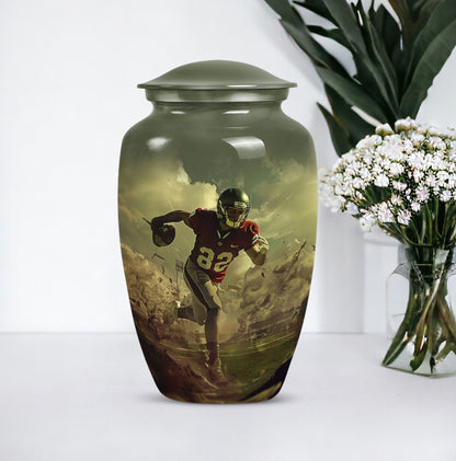 10-inch classic football urn for adult ashes, customizable and accompanied by velvet pouch