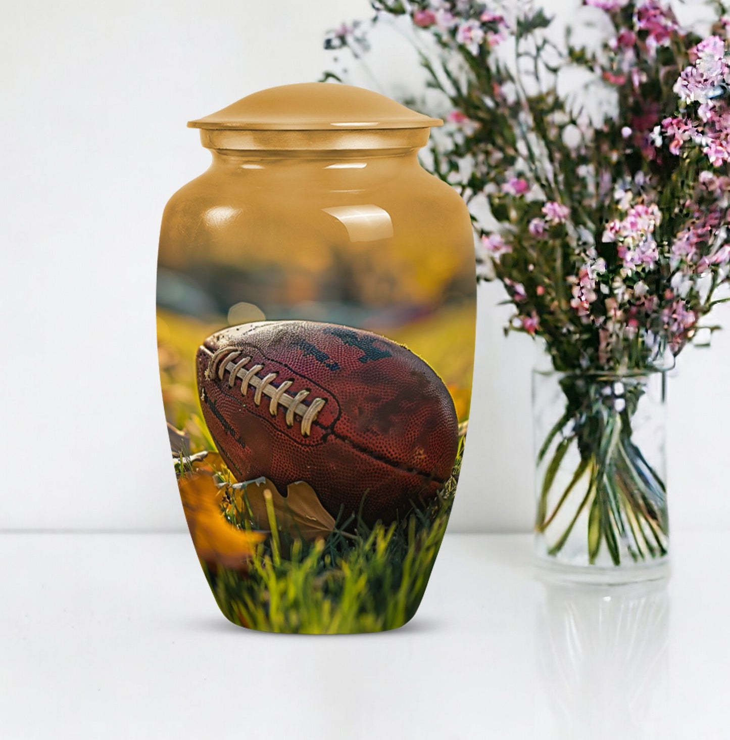 10-inch classic football urn made of aluminium.