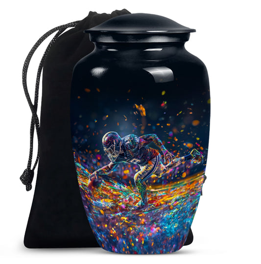 football urn for male adult ashes, includes velvet pouch.