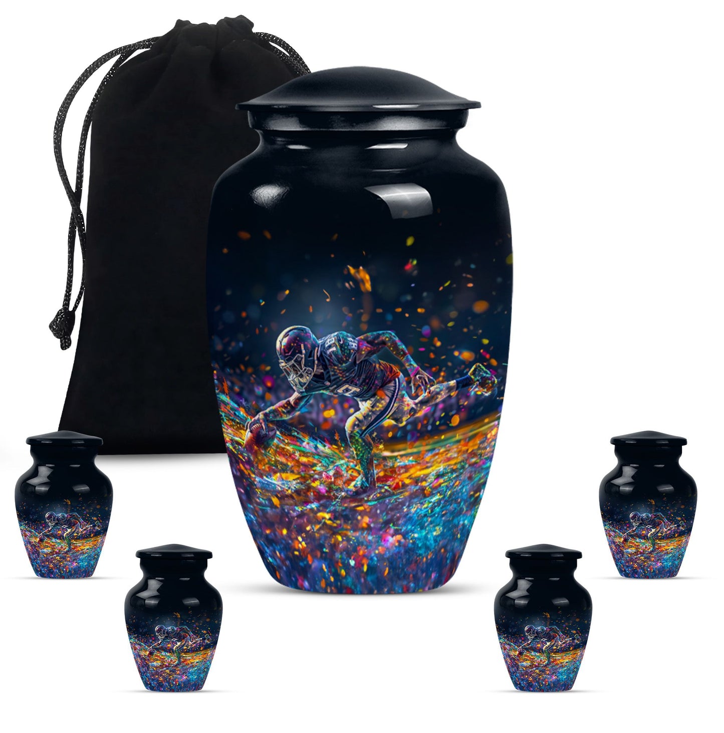 football urn for male adult ashes, includes velvet pouch.