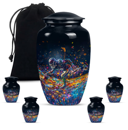 football urn for male adult ashes, includes velvet pouch.