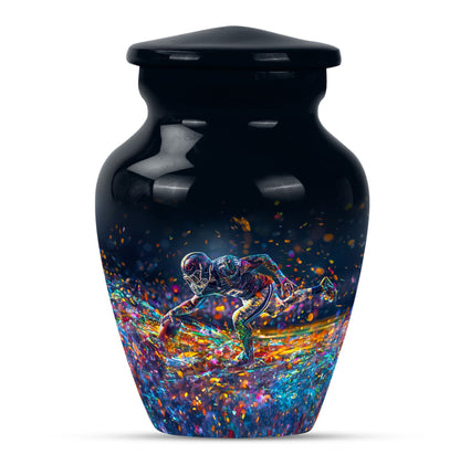 football urn for male adult ashes, includes velvet pouch.