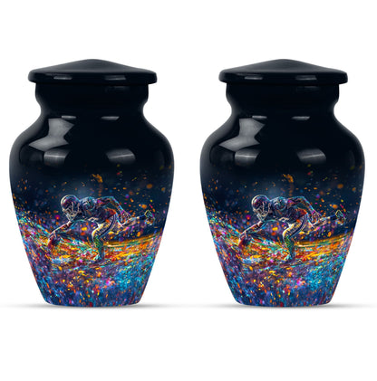 football urn for male adult ashes, includes velvet pouch.