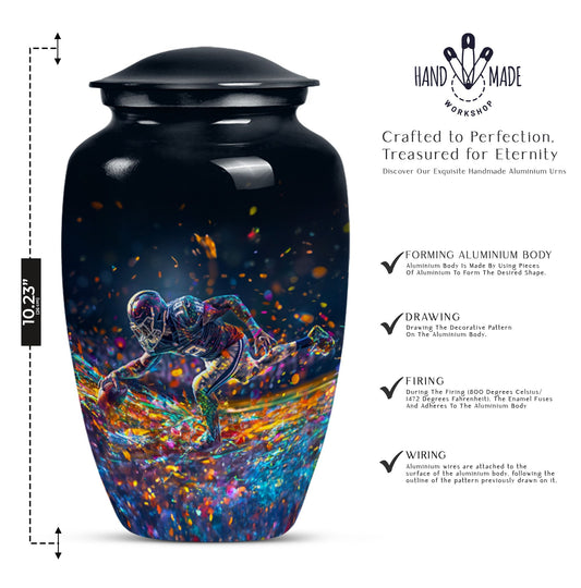 football urn for male adult ashes, includes velvet pouch.