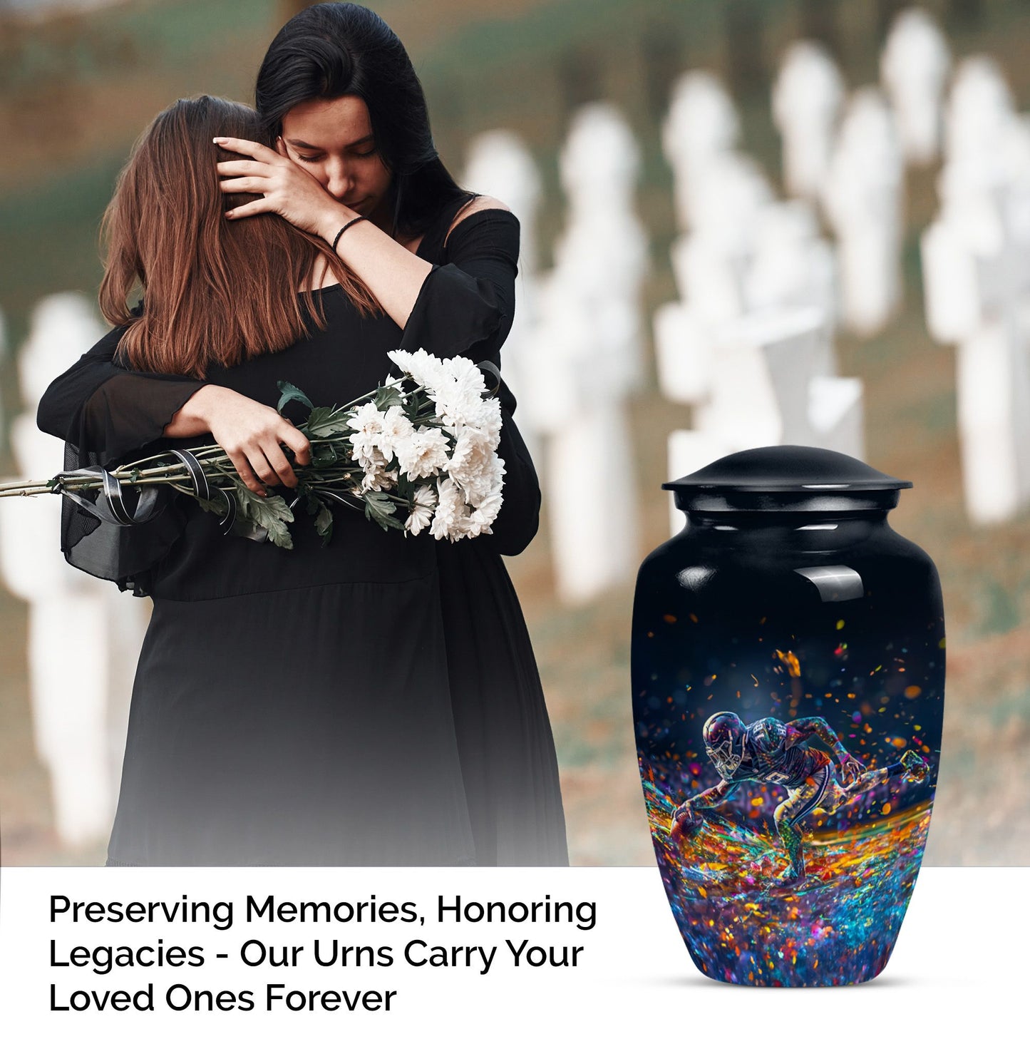 football urn for male adult ashes, includes velvet pouch.