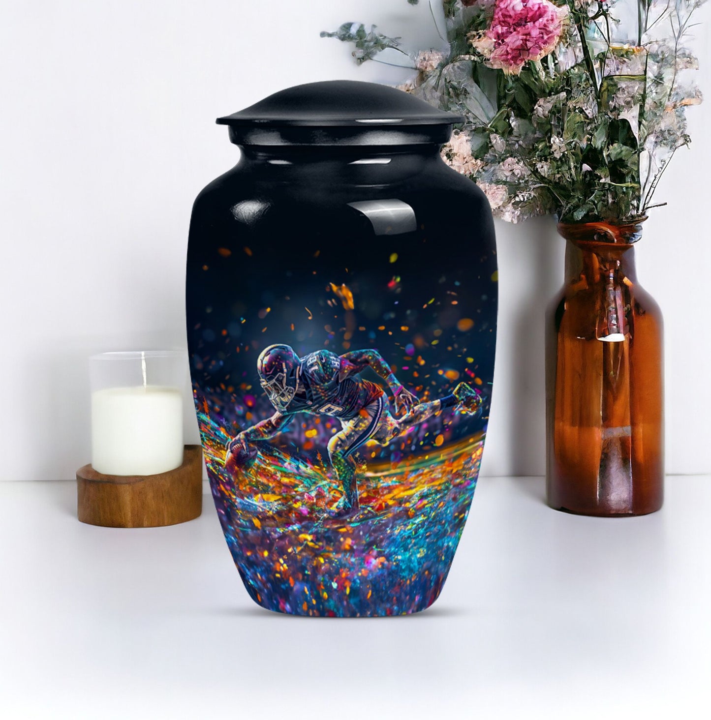 football urn for male adult ashes, includes velvet pouch.
