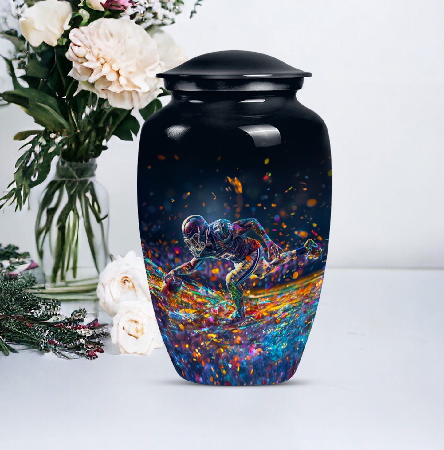 football urn for male adult ashes, includes velvet pouch.
