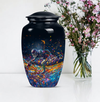 football urn for male adult ashes, includes velvet pouch.