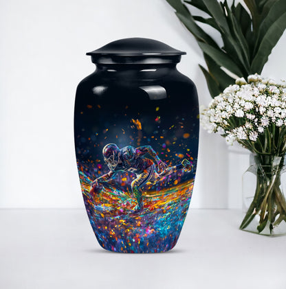 football urn for male adult ashes, includes velvet pouch.