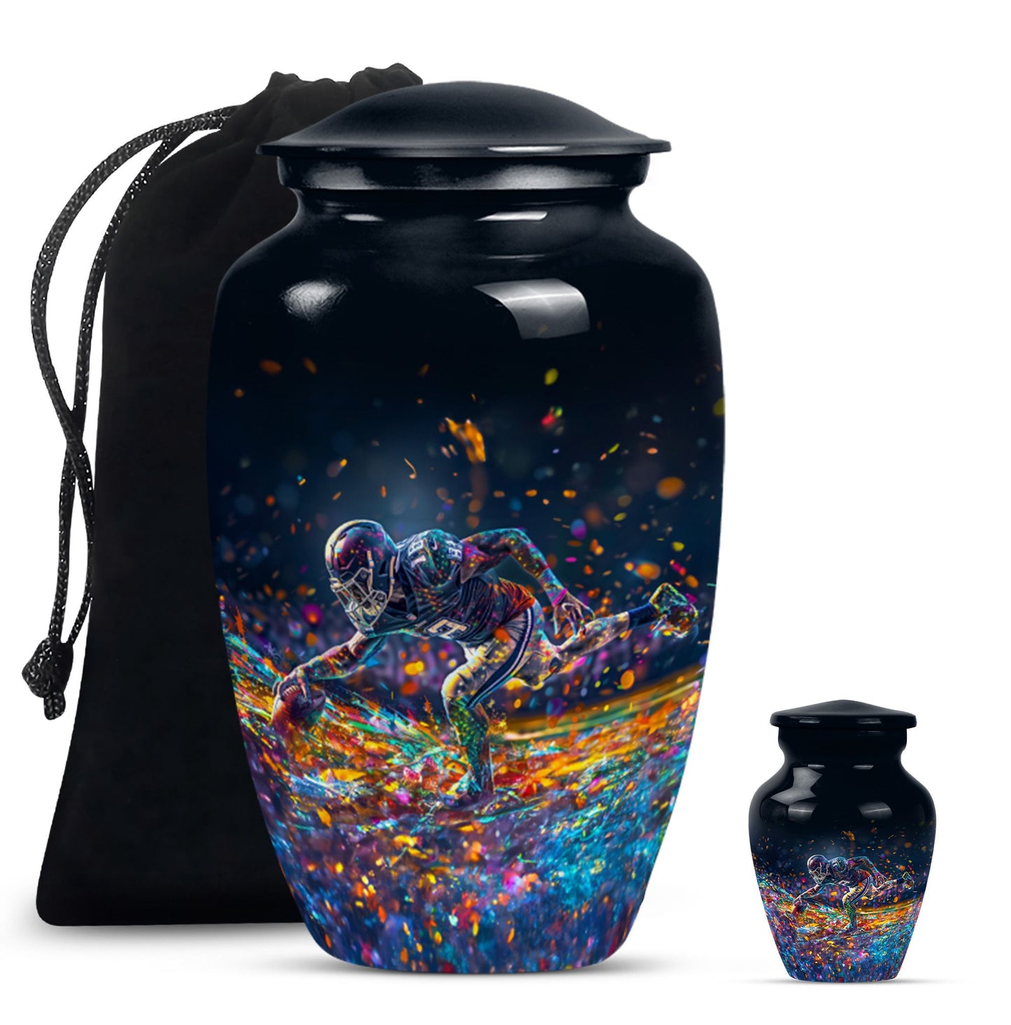 football urn for male adult ashes, includes velvet pouch.