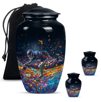football urn for male adult ashes, includes velvet pouch.