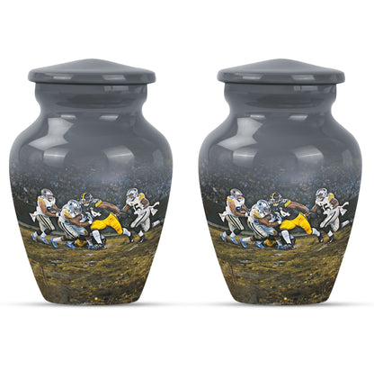 Classic 10-inch large aluminum football urn for burial ashes, includes velvet pouch