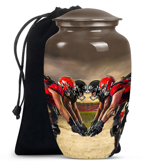 10-inch classic football urn made of aluminum for human ashes.