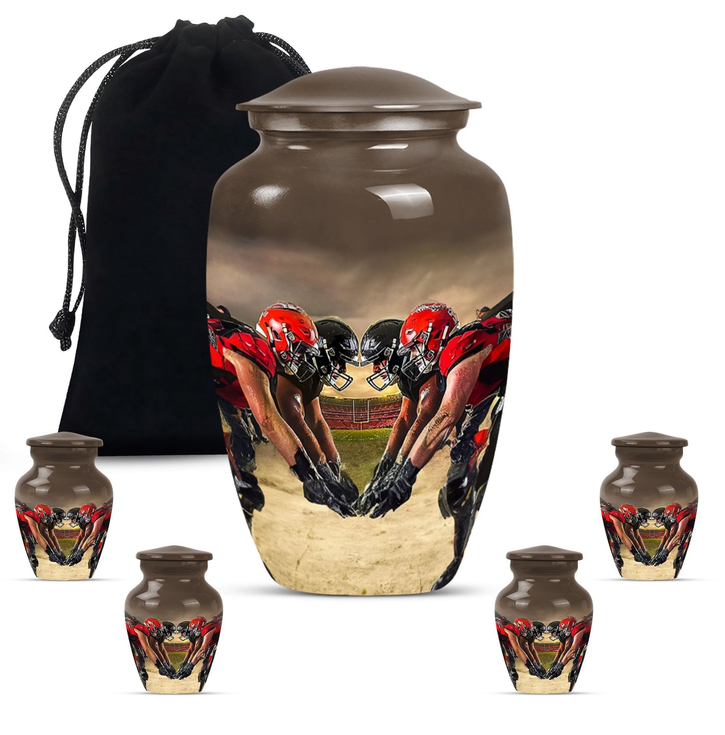 10-inch classic football urn made of aluminum for human ashes.