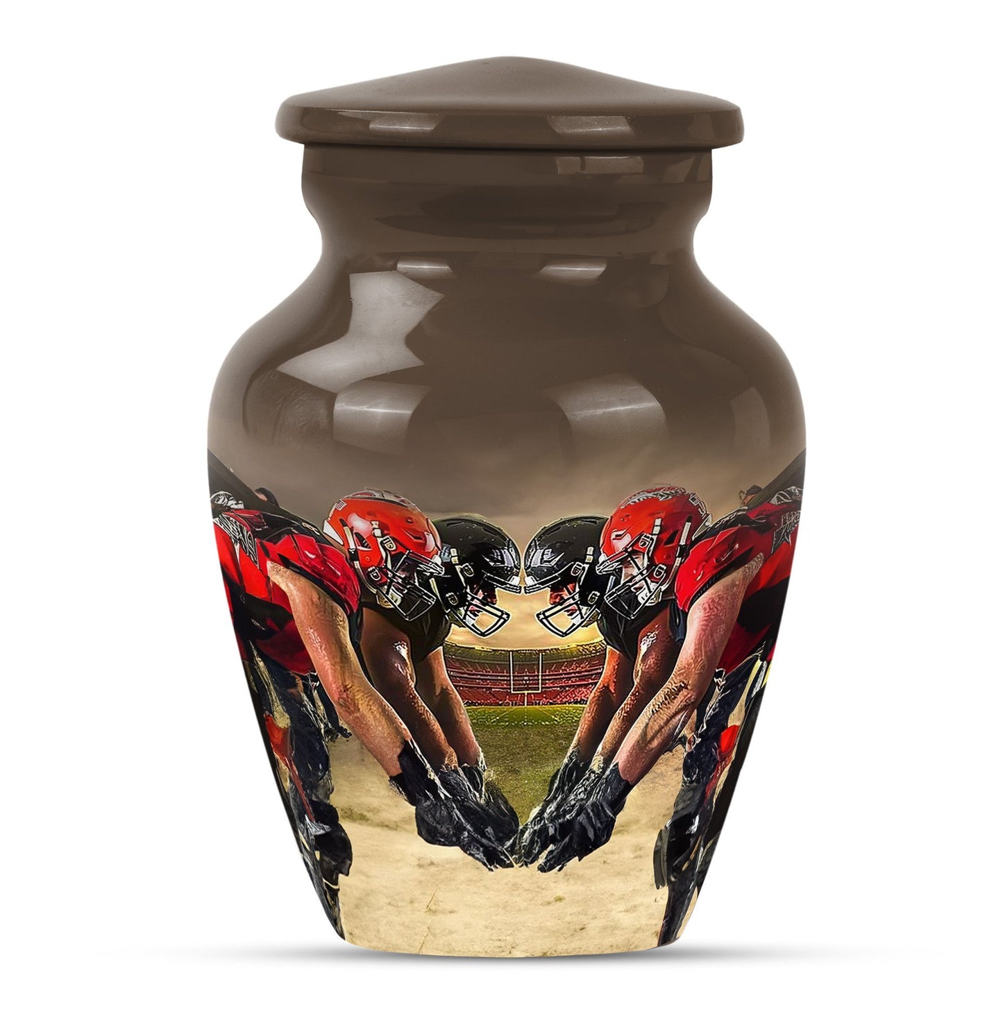 10-inch classic football urn made of aluminum for human ashes.