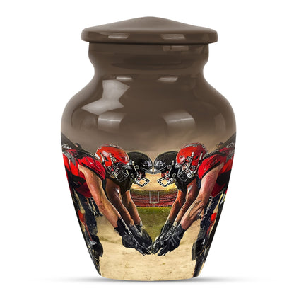 10-inch classic football urn made of aluminum for human ashes.