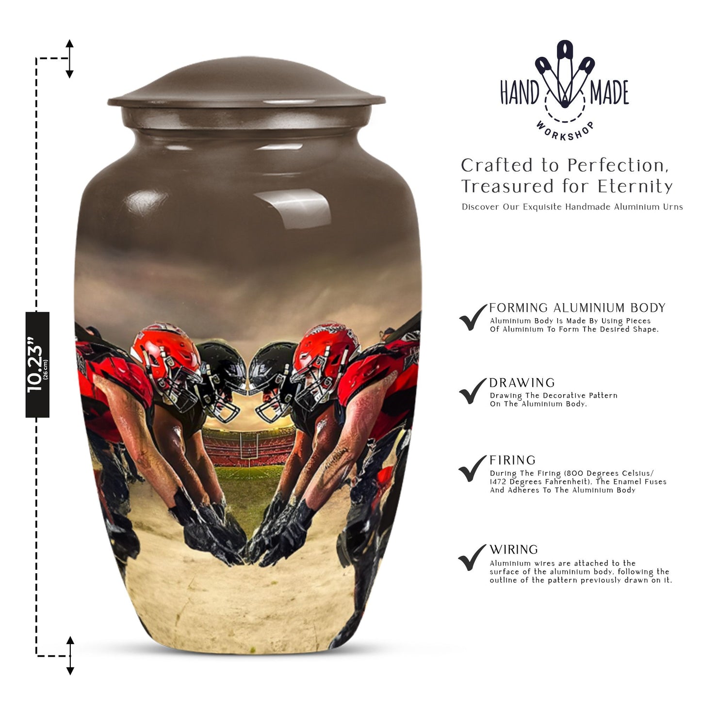 10-inch classic football urn made of aluminum for human ashes.