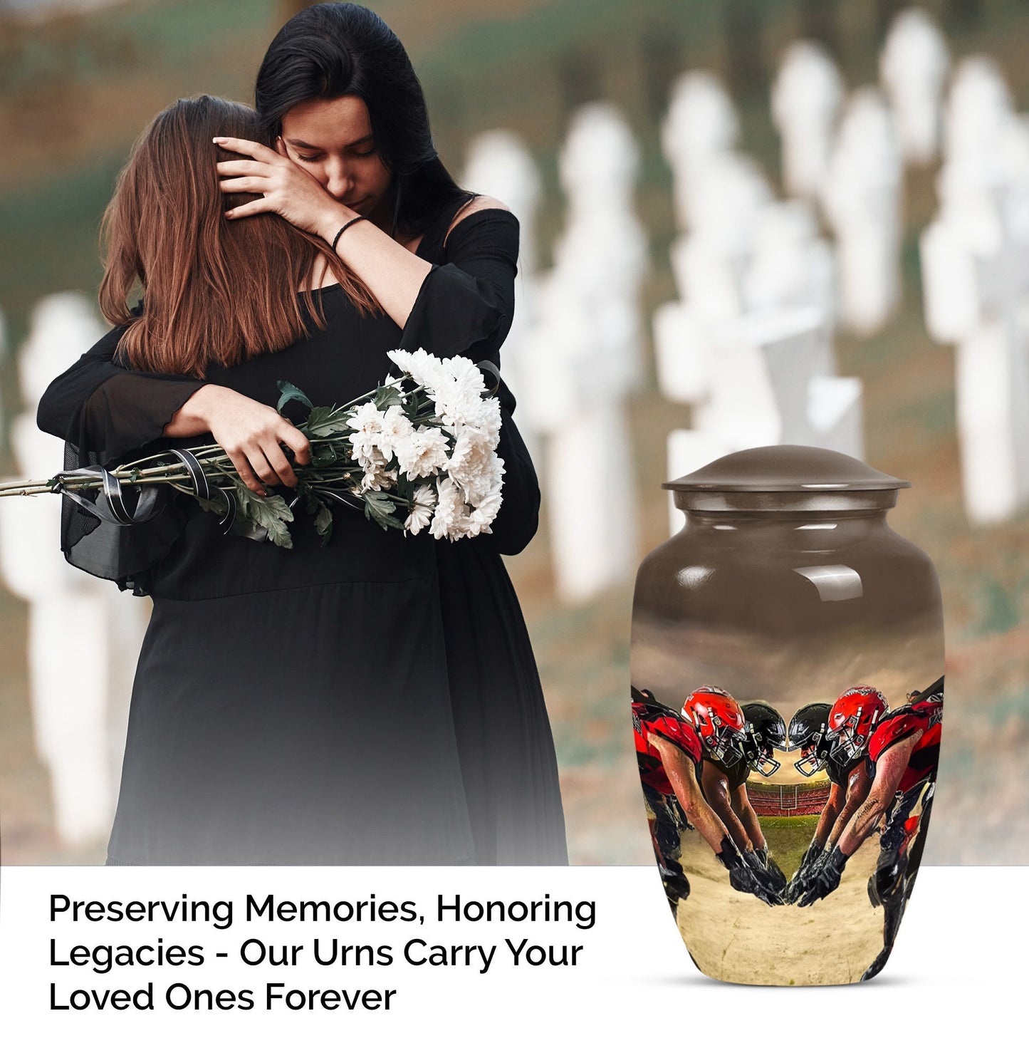 10-inch classic football urn made of aluminum for human ashes.
