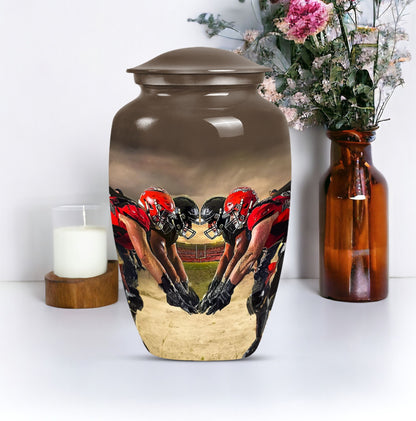 10-inch classic football urn made of aluminum for human ashes.