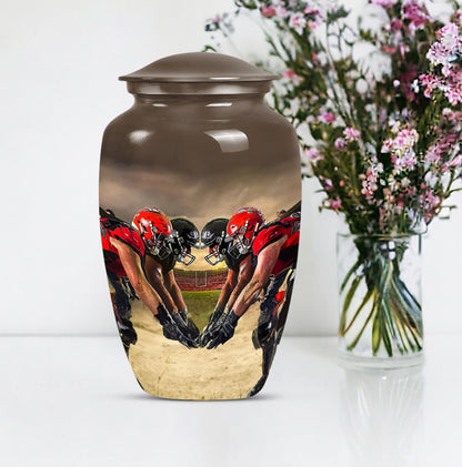10-inch classic football urn made of aluminum for human ashes.