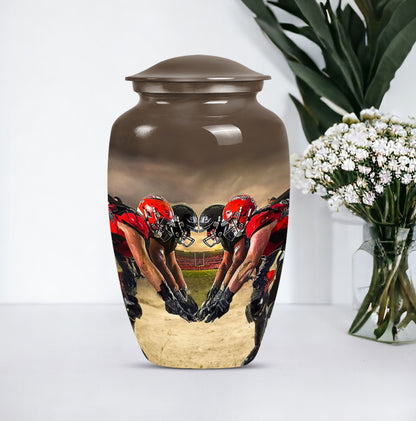 10-inch classic football urn made of aluminum for human ashes.