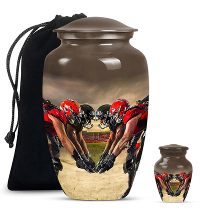10-inch classic football urn made of aluminum for human ashes.