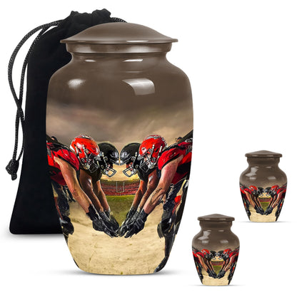 10-inch classic football urn made of aluminum for human ashes.