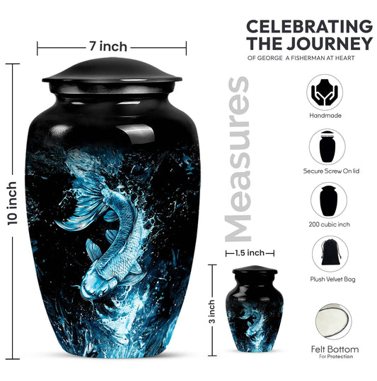 10 inch classic fish-themed urn made of aluminum, 