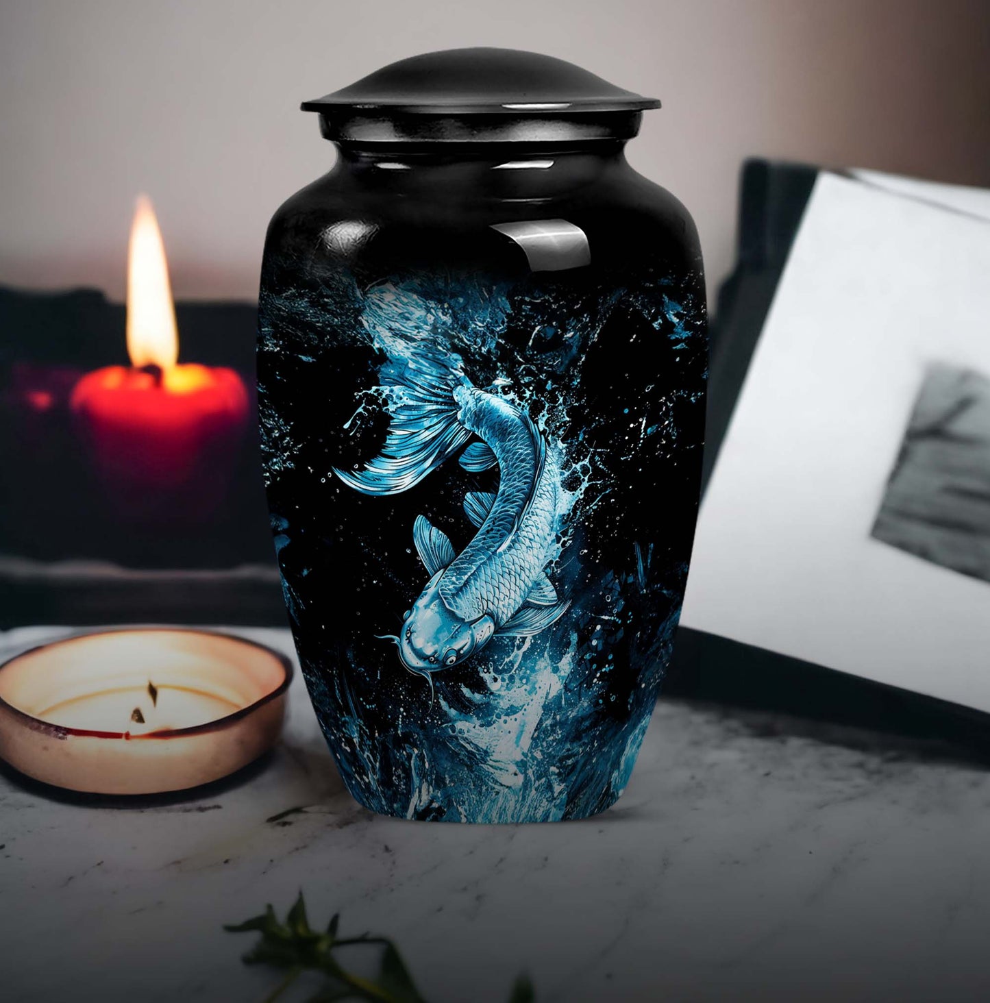 10 inch classic fish-themed urn made of aluminum, 