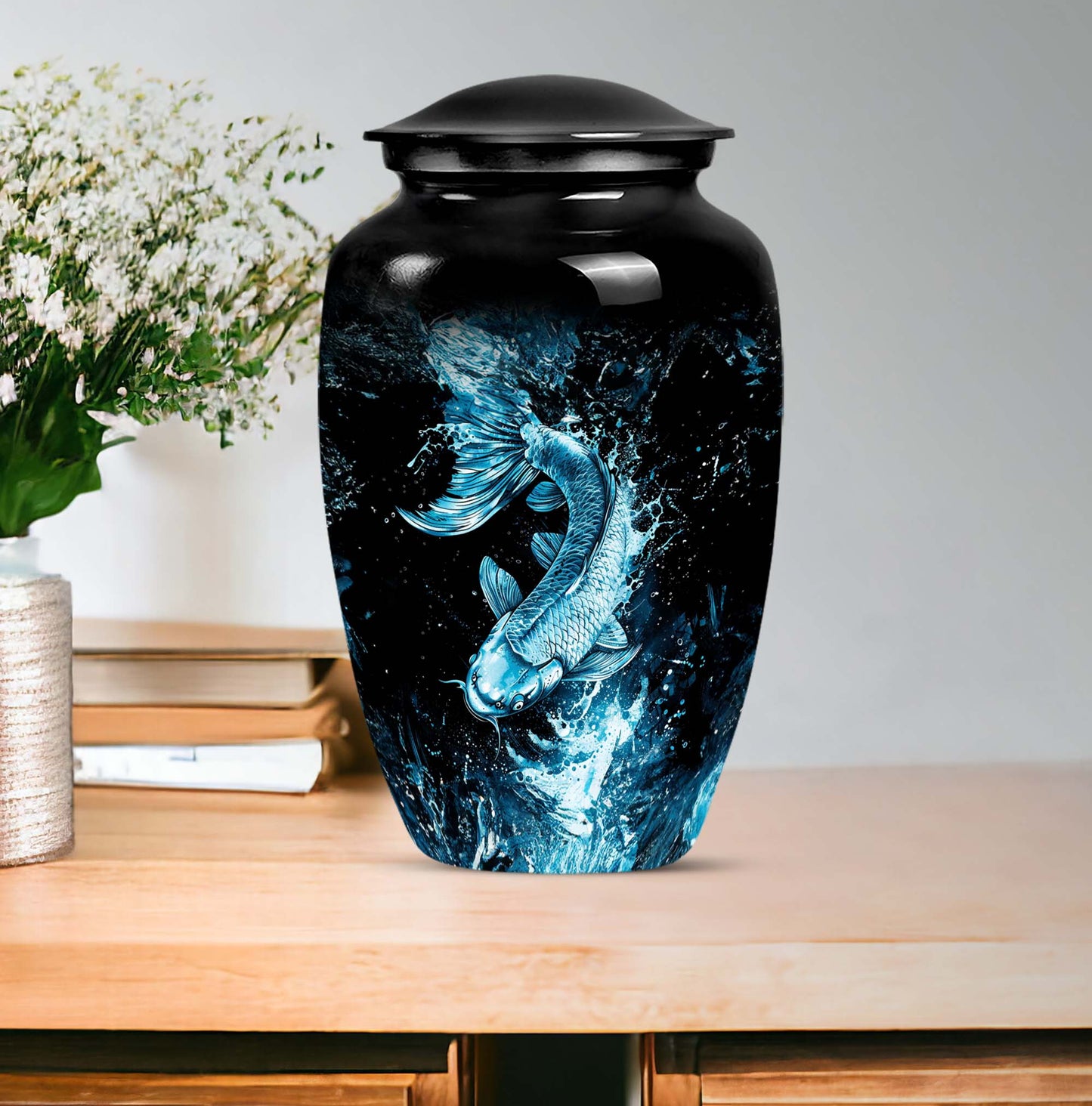 10 inch classic fish-themed urn made of aluminum, 