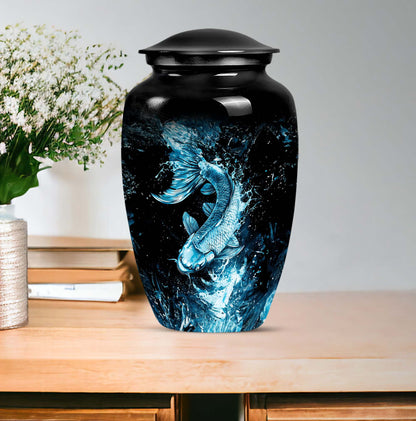 10 inch classic fish-themed urn made of aluminum, 