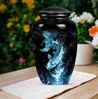 10 inch classic fish-themed urn made of aluminum, 
