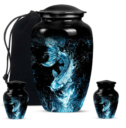 10 inch classic fish-themed urn made of aluminum, 
